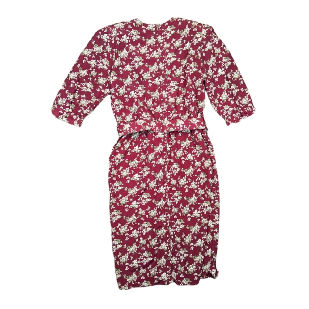 Vintage 80's Breli Originals Burgundy Red & White Floral Half Sleeve Dress - Picture 3 of 4